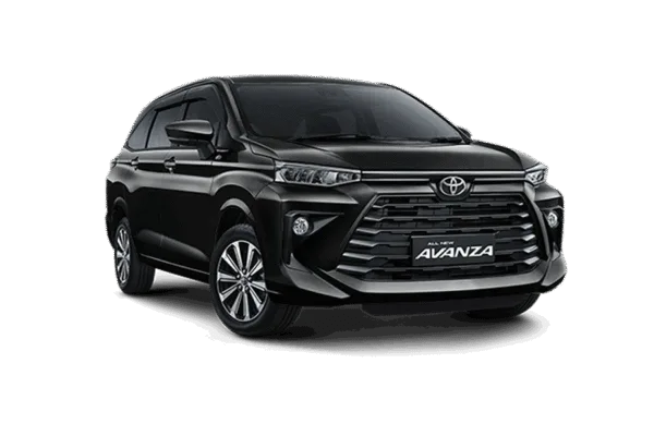 Toyota Avanza hitam tampak depan untuk layanan rental mobil Bandung dengan driver profesional