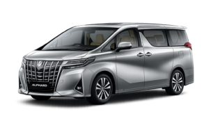 Toyota Alphard abu-abu tampak samping untuk layanan sewa mobil premium Bandung dengan driver profesional
