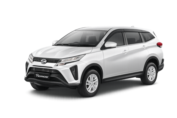 Daihatsu Terios putih tampak serong depan dan samping untuk layanan sewa mobil Bandung dengan driver profesional