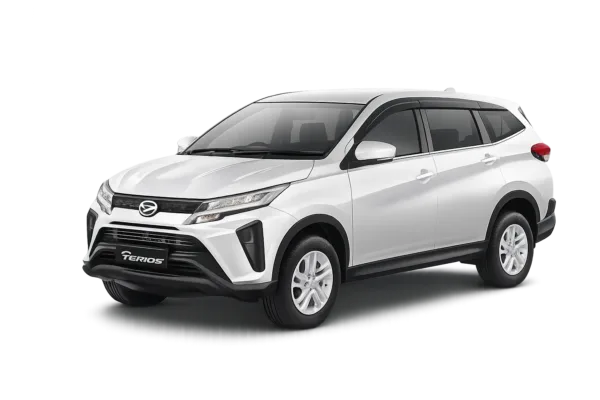 Daihatsu Terios putih tampak serong depan dan samping untuk layanan sewa mobil Bandung dengan driver profesional