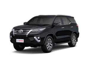 Toyota Fortuner hitam tampak serong depan dan samping untuk layanan sewa mobil premium Bandung dengan driver profesional