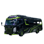 Isuzu Long Elf hitam strip kuning tampak serong depan dan samping untuk layanan sewa Elf Bandung dengan driver profesional