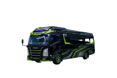 Isuzu Long Elf hitam strip kuning tampak serong depan dan samping untuk layanan sewa Elf Bandung dengan driver profesional
