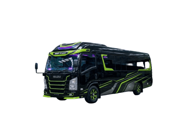 Isuzu Long Elf hitam strip kuning tampak serong depan dan samping untuk layanan sewa Elf Bandung dengan driver profesional