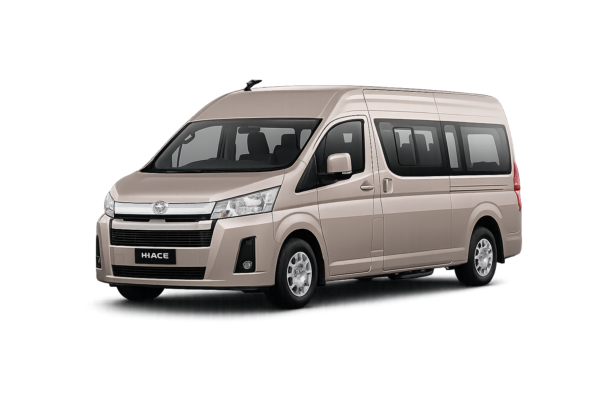Toyota Hiace Premio Luxury coklat muda metallic tampak serong depan dan samping untuk layanan sewa Hiace Luxury Bandung dengan driver profesional